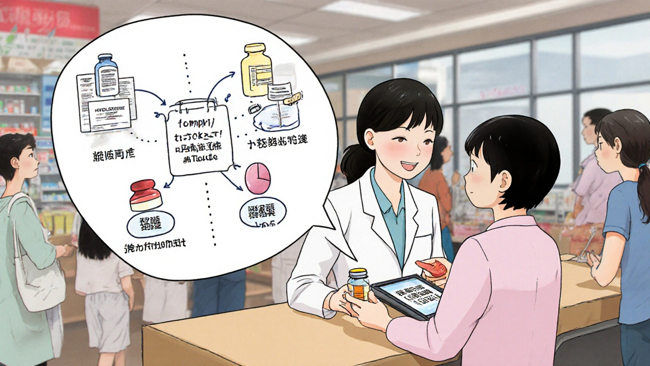 A pharmacist and patient review medication labels together using a visual checklist.