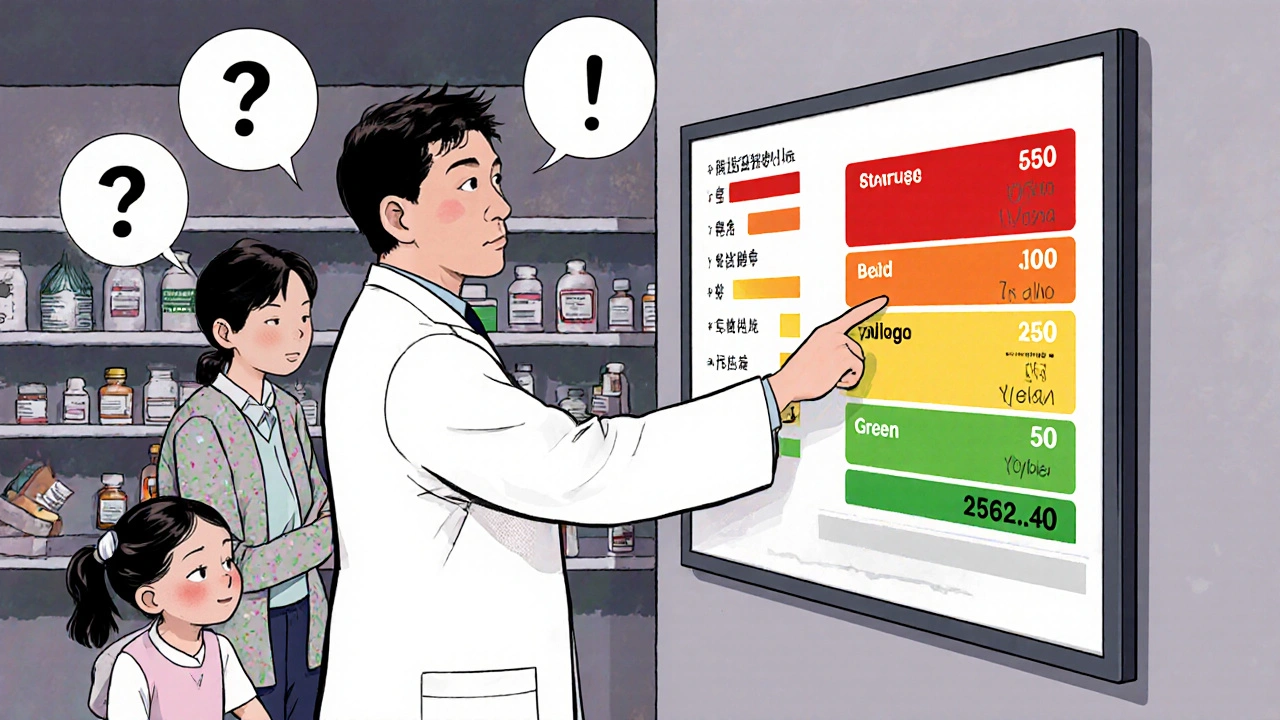 A pharmacist explaining drug interaction results to an elderly patient and family.