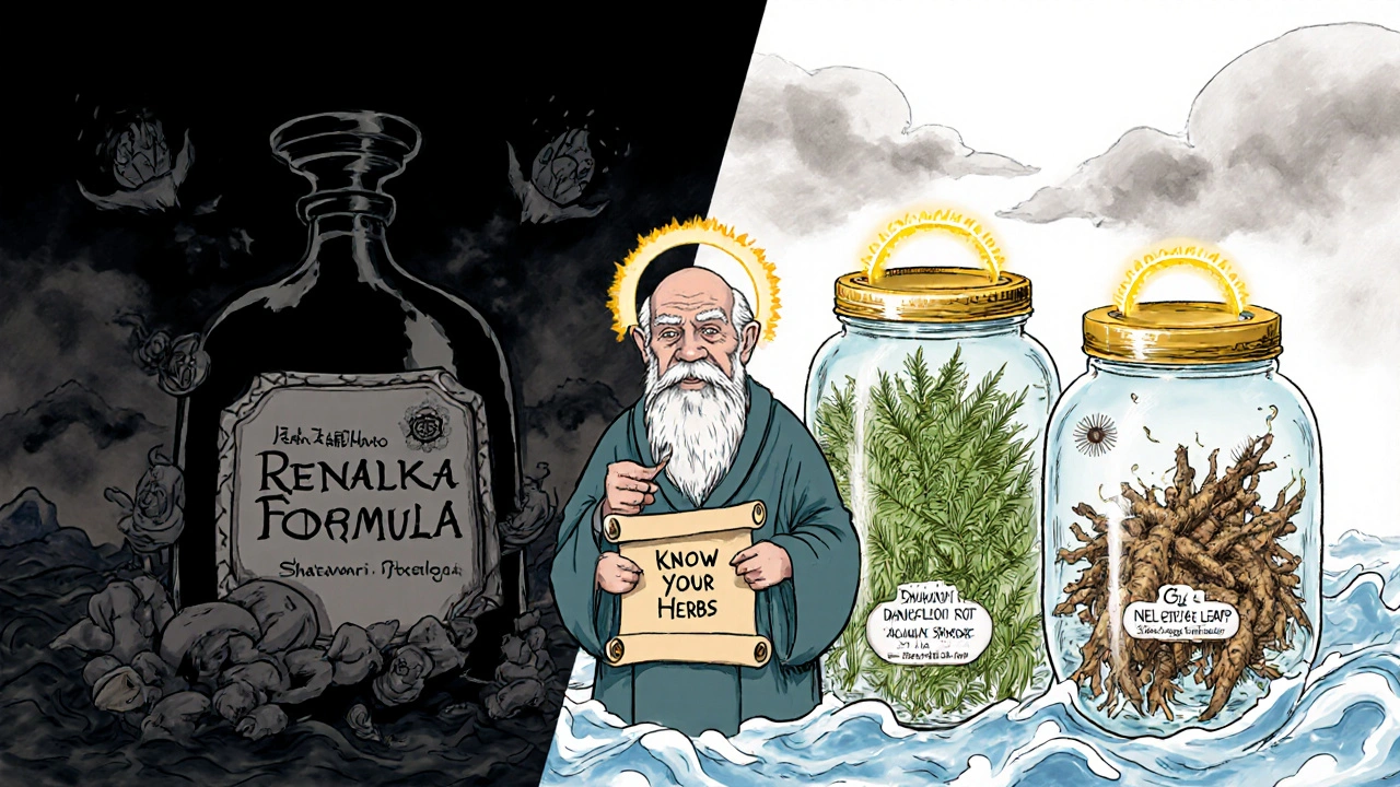 A split scene contrasts a mysterious unmarked bottle with clear, labeled herbal extracts under a wise elder's guidance.