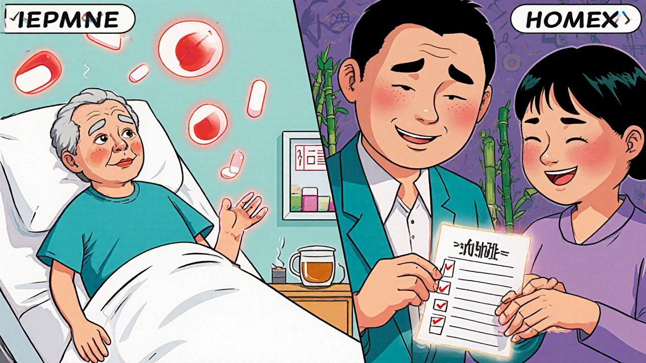 Before-and-after scene of a patient avoiding hospitalization by checking drug interactions.