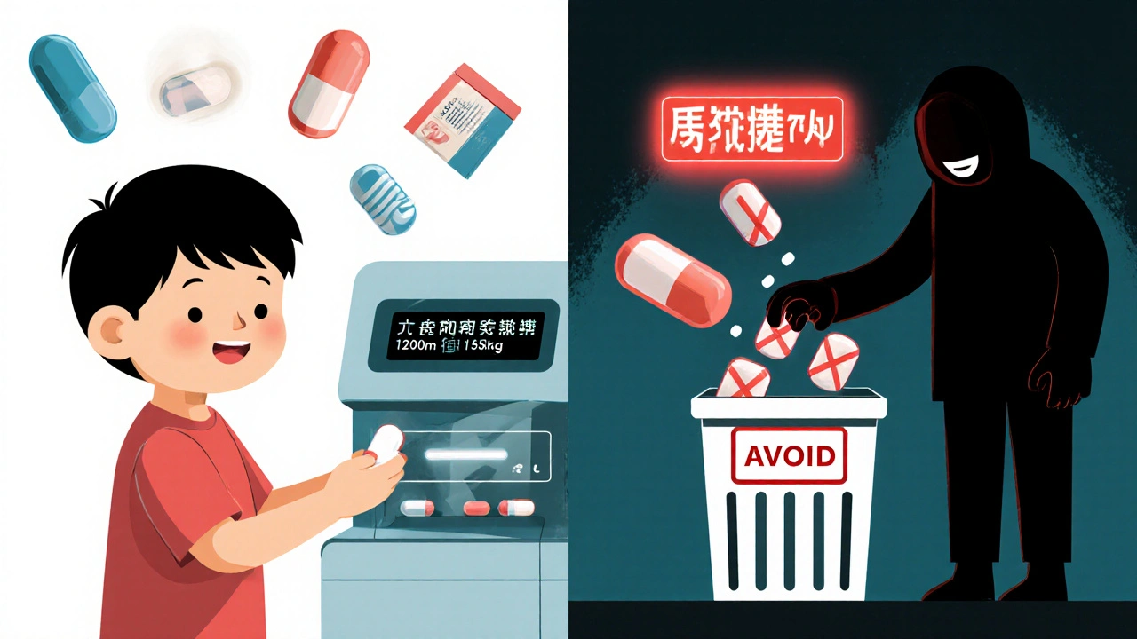 Child receiving a personalized 3D-printed pill while dangerous drugs are discarded