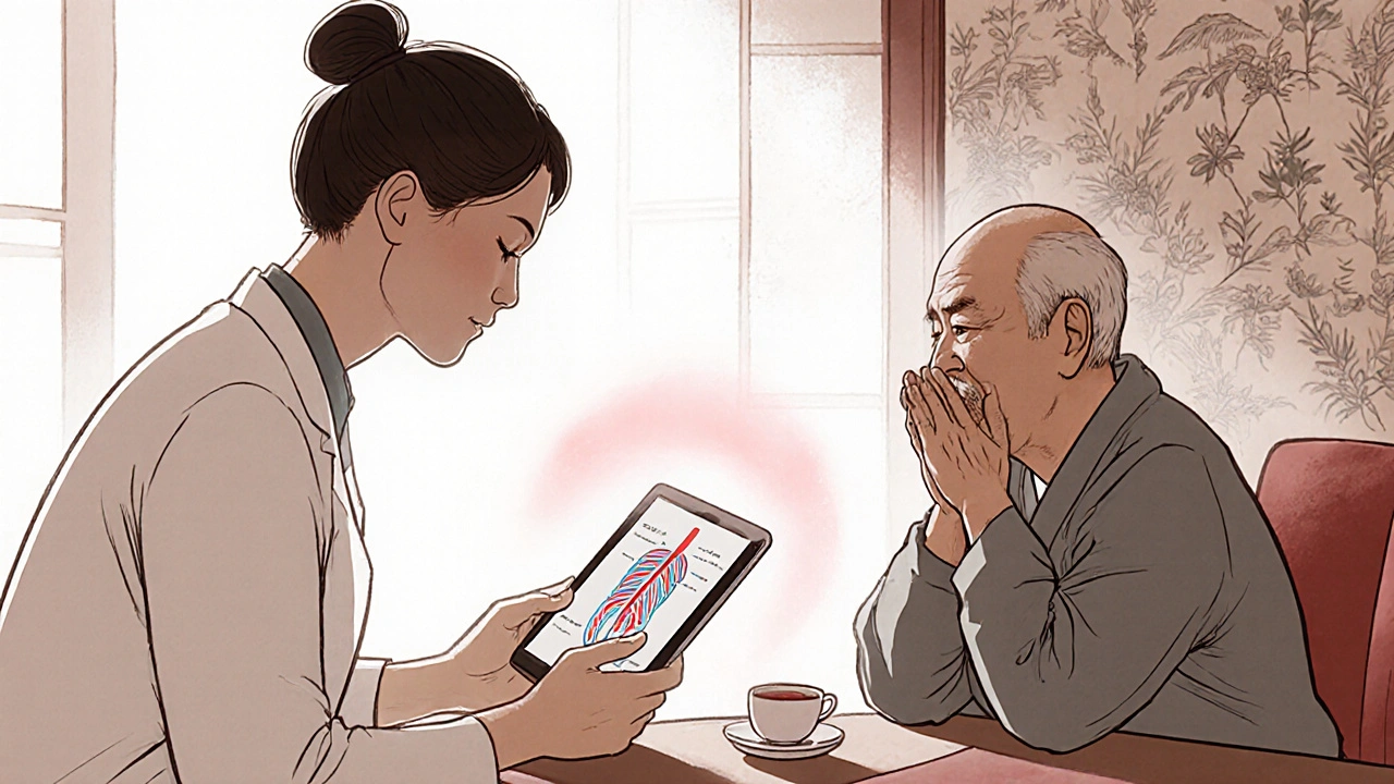 Clinician and elderly patient connecting with empathy during a consultation, cultural details visible.