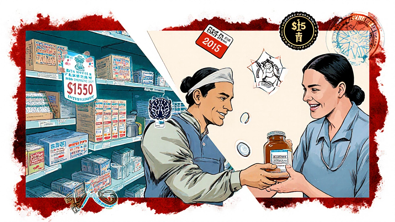 Contrast between expensive U.S. brand-name pills and affordable Indian generics, illustrated in manhua style.