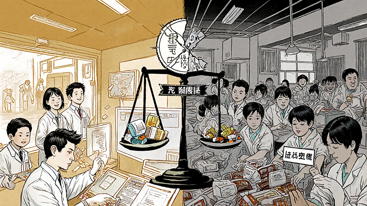 Contrasting U.S. advanced drug manufacturing with overseas low-quality production, showing patient risks.