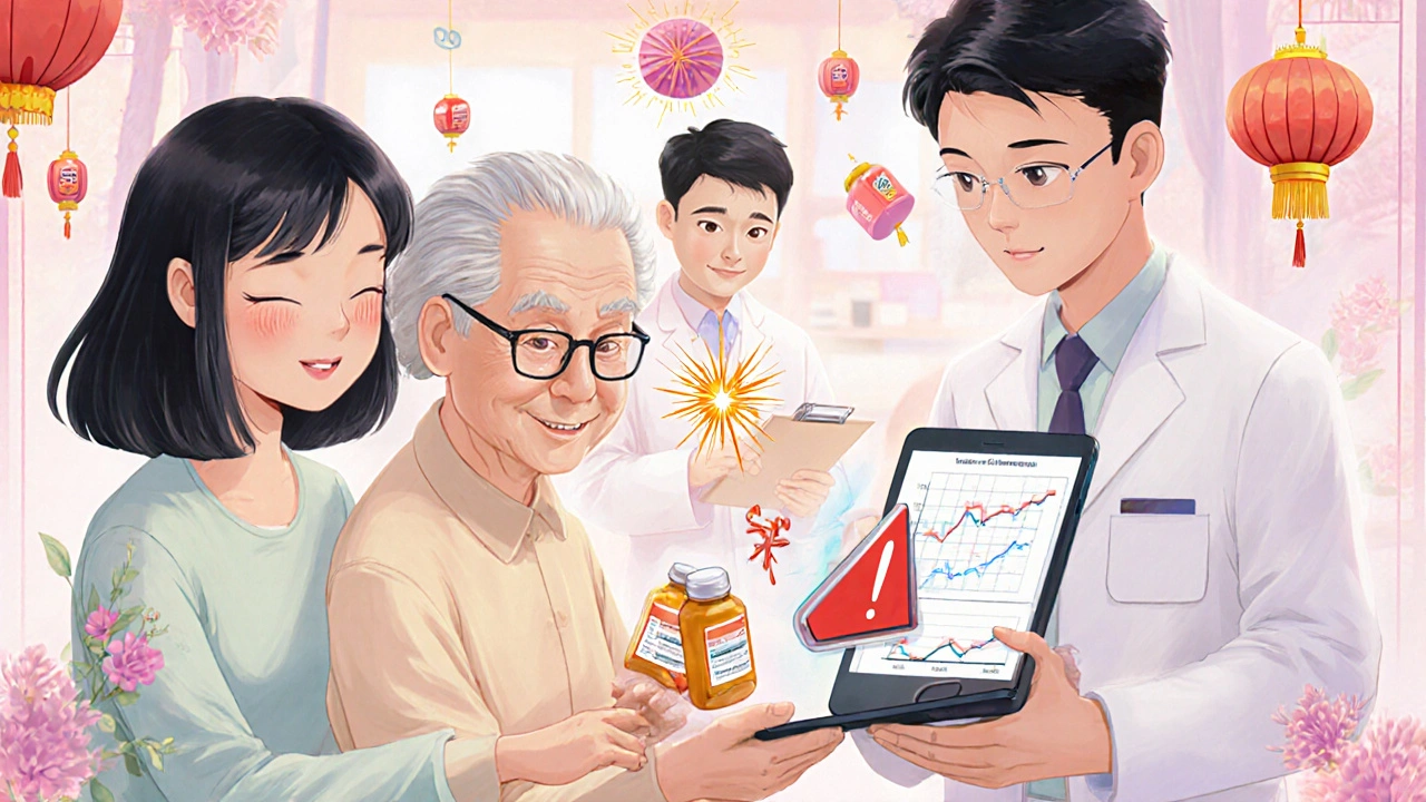 Family scans pill bottles with phone app that highlights duplicate medications in colorful warning lights.