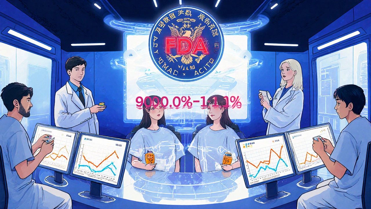 Four patients in a clinical trial with glowing monitors showing strict bioequivalence limits.