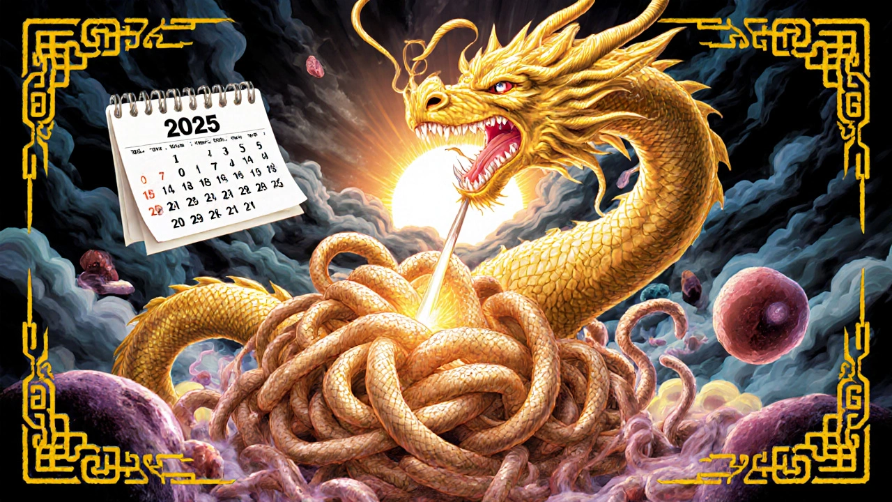 Golden dragon-like drug attacking Lp(a) particle in lab, calendar reads 2025