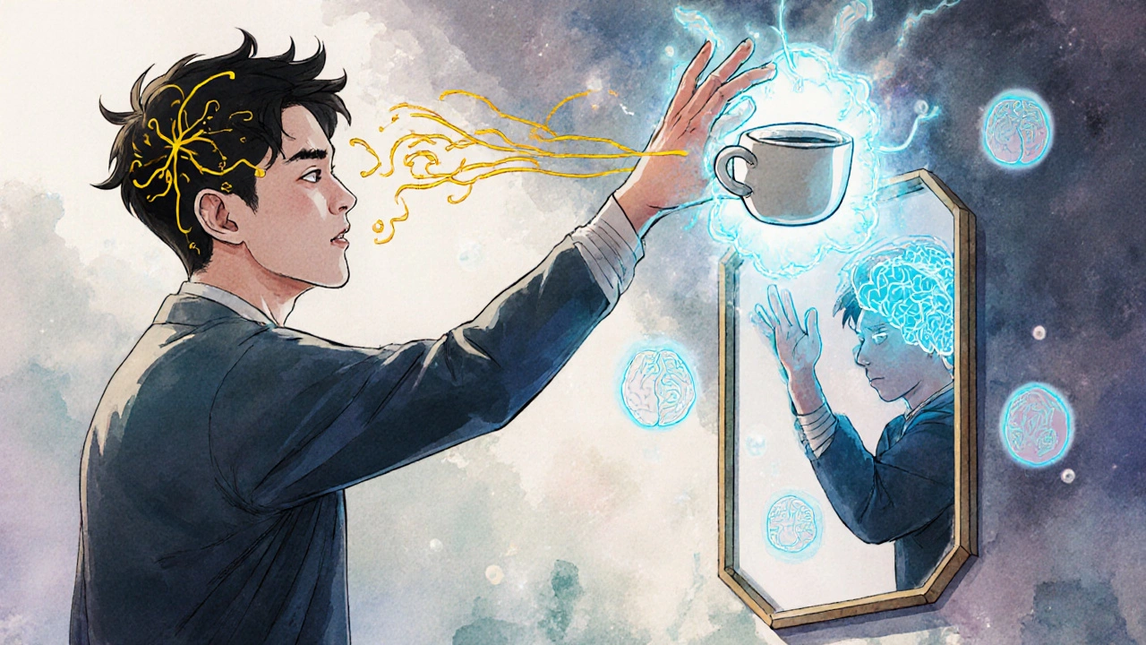 Man mentally imagining picking up a cup, brain maps glowing with reconnection.