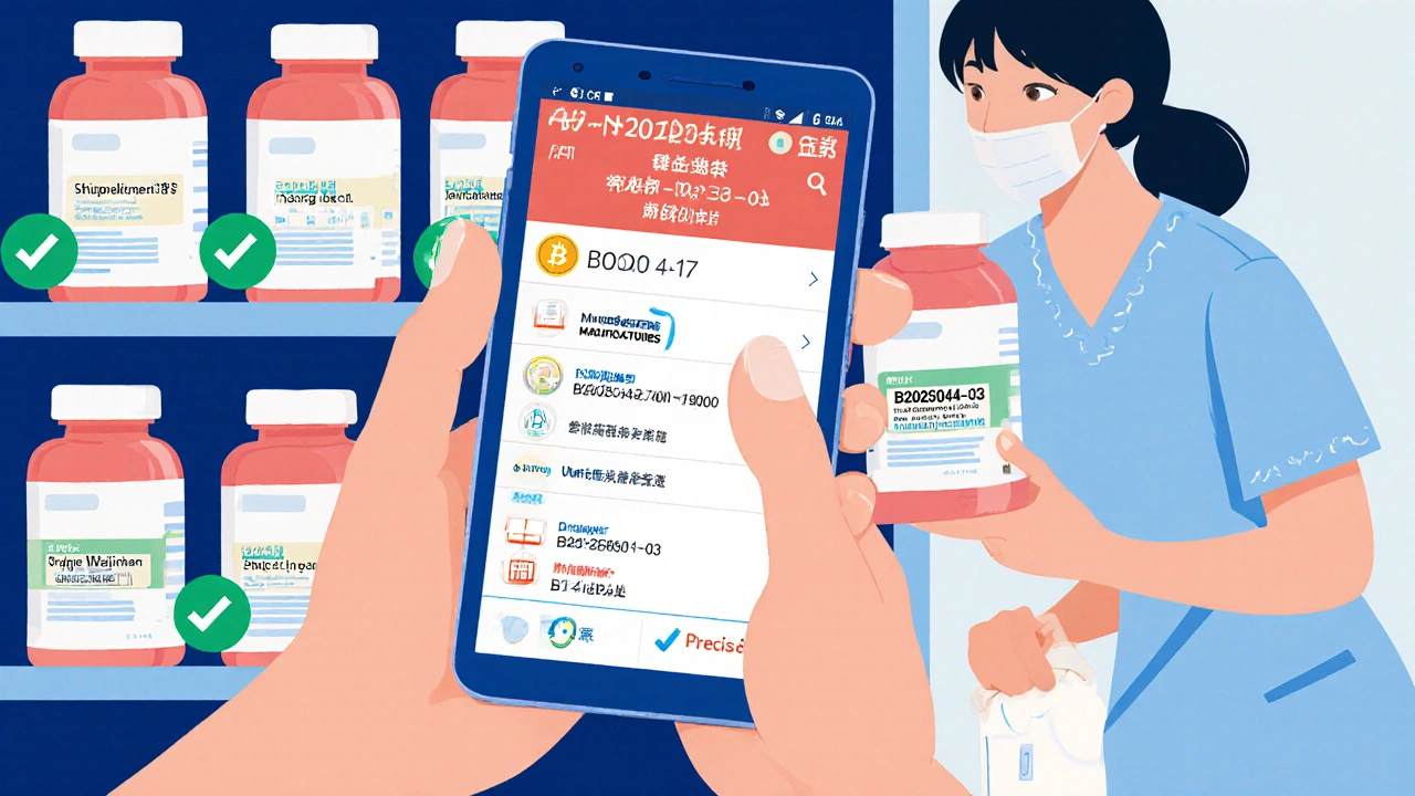 Patient verifying medicine authenticity via smartphone with blockchain animation and one recalled bottle on shelf.