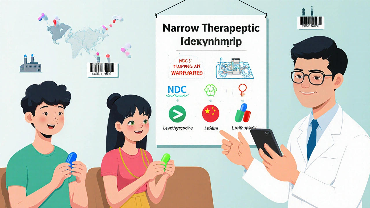 Patients in a clinic hold various colored pills while a doctor points to a chart listing critical medications requiring consistency.