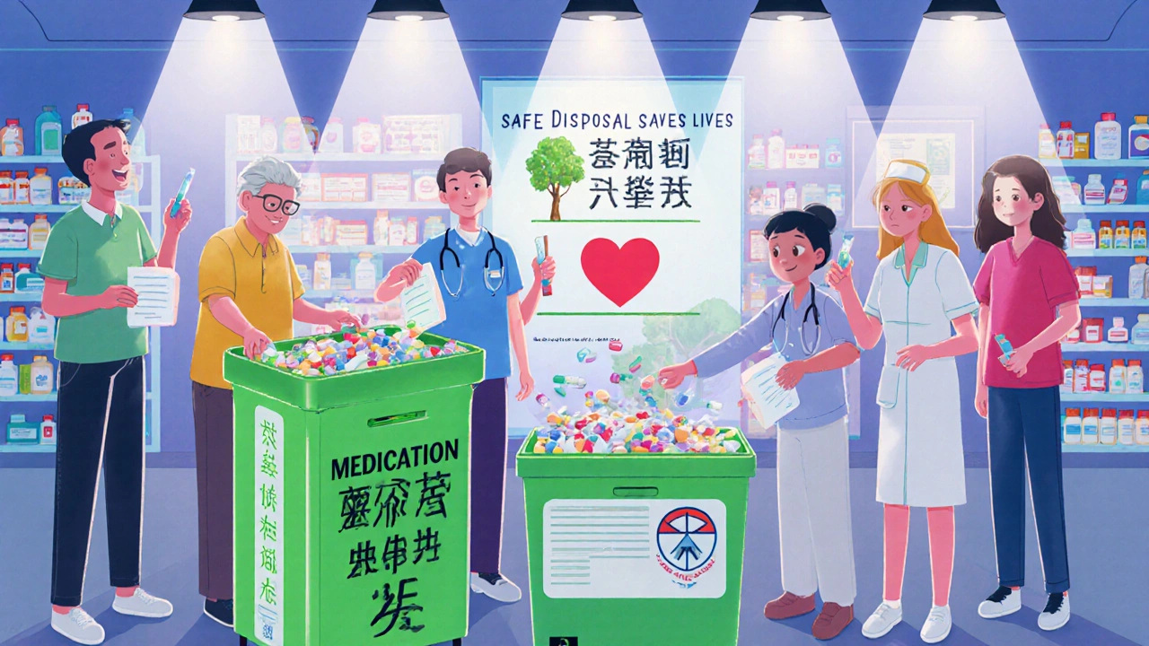 People dropping off medications at a community pharmacy take-back box under a &#039;Safe Disposal Saves Lives&#039; poster.