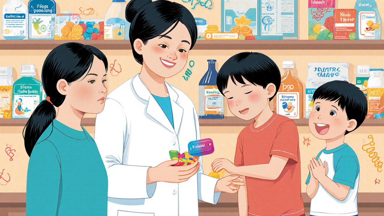 Pharmacist giving a fruit-flavored chewable tablet to a smiling child in a clinic