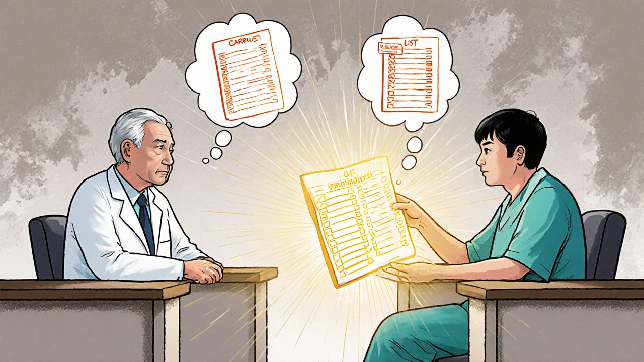 Senior patient holds unified medication chart while doctors&#039; thought bubbles show conflicting prescriptions.