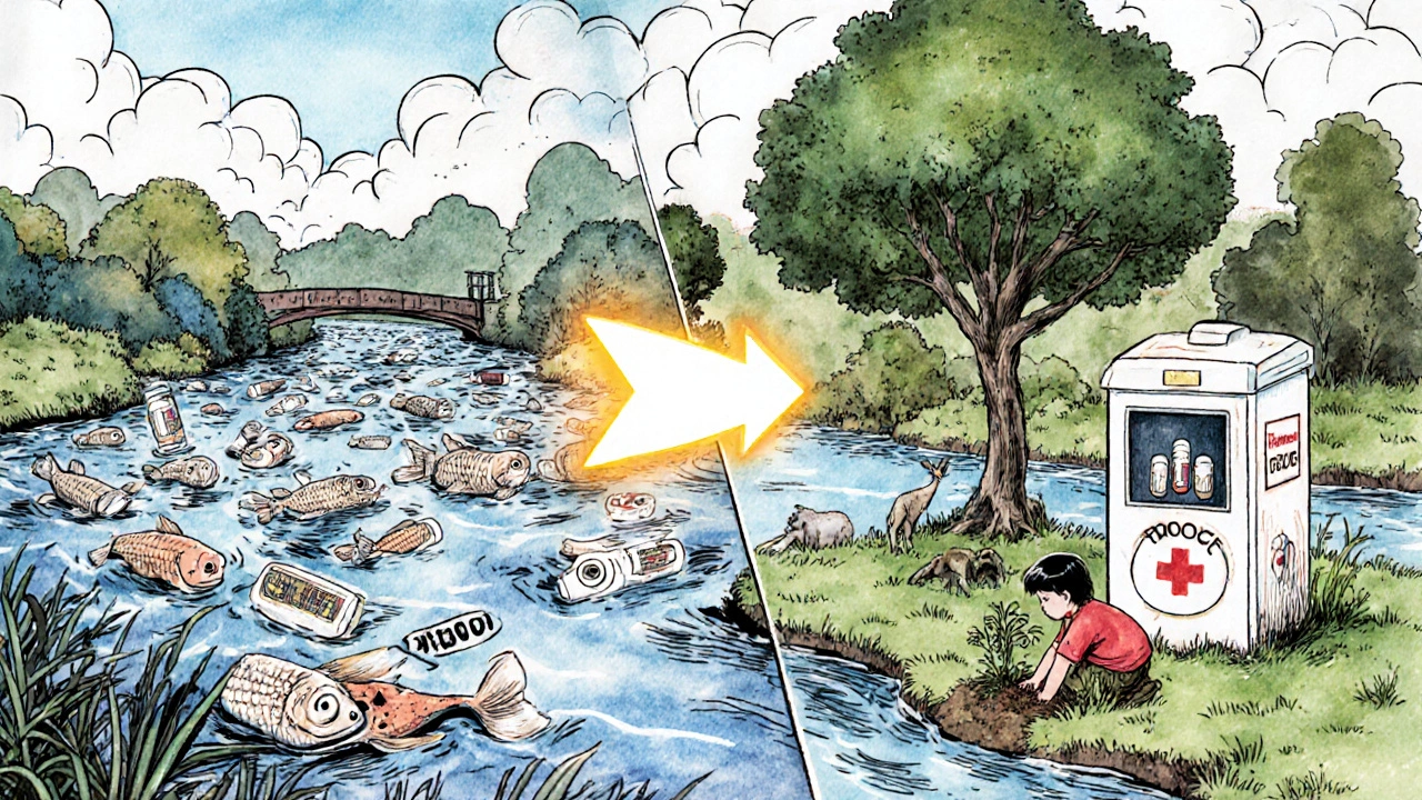 Split scene: polluted river with pills vs clean river with tree and drop-off kiosk, showing environmental choice.