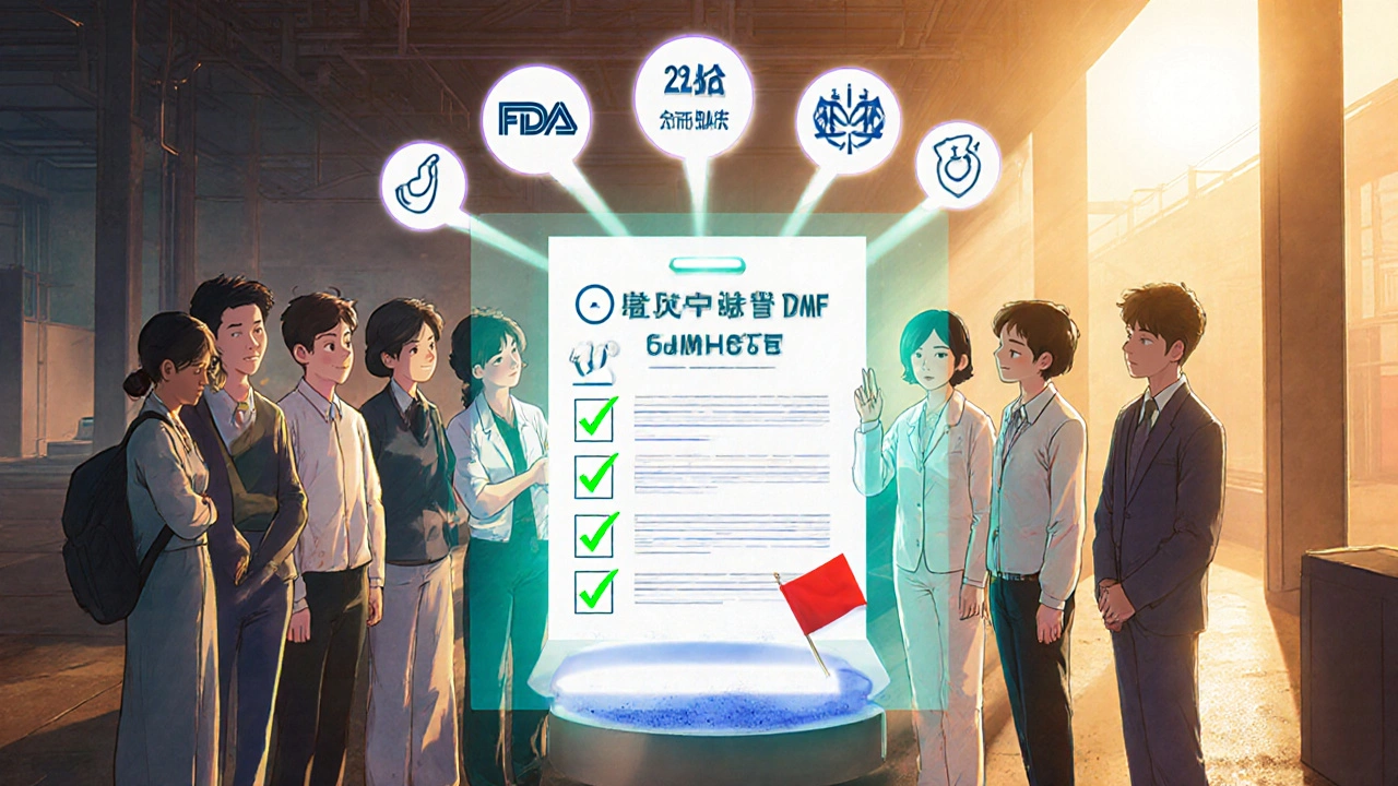 Team reviewing a digital PreCheck submission with compliance icons glowing green.