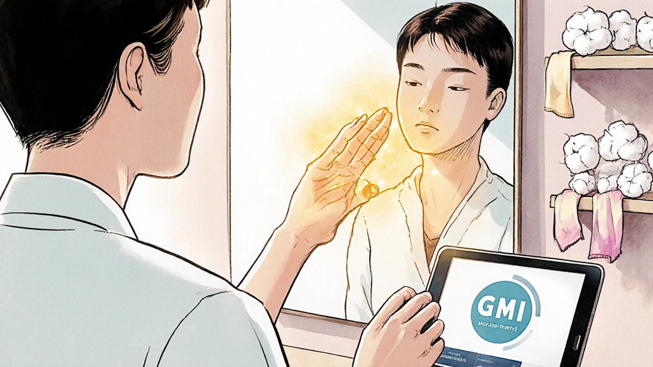 Therapist guides patient through mirror therapy, injured limb warming with light.