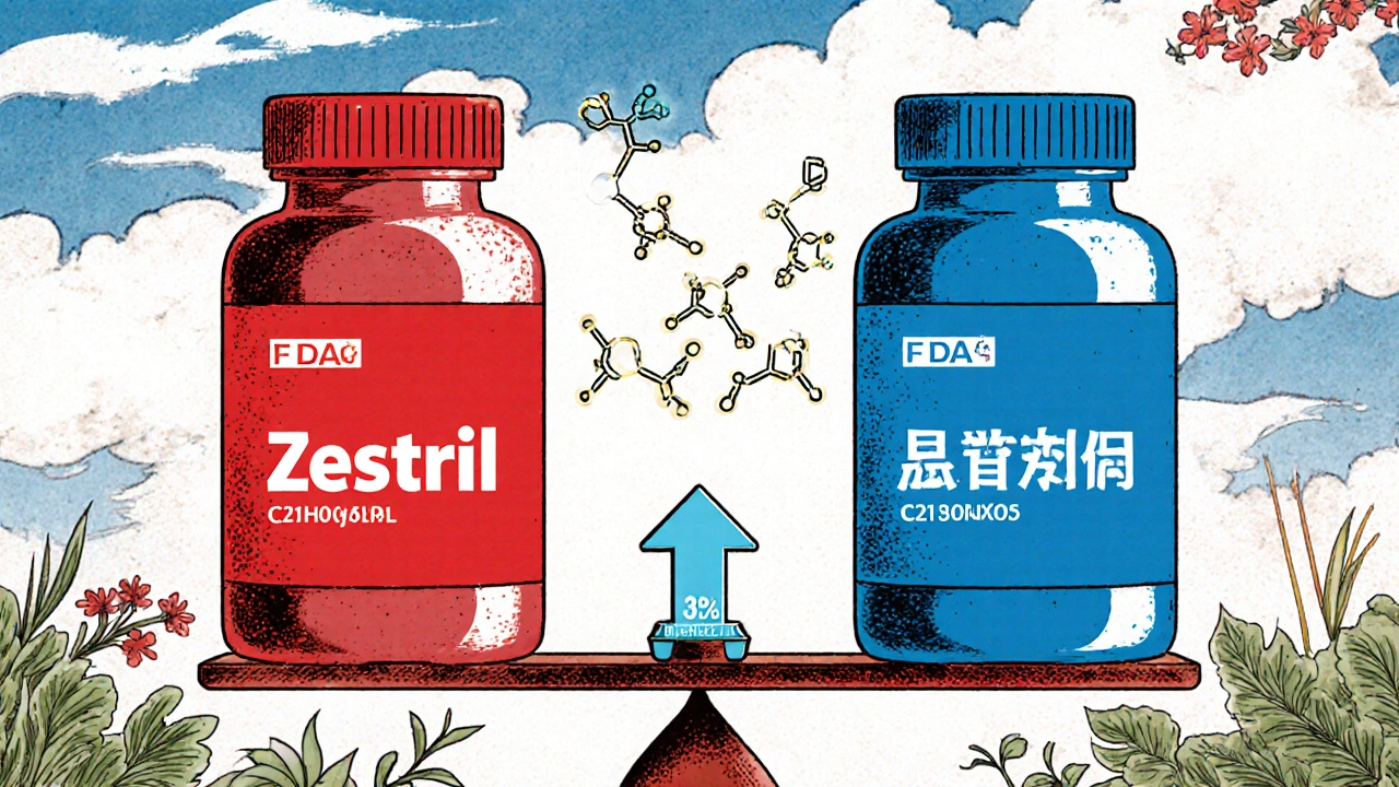 Two pill bottles—one brand-name, one generic—float beside each other with identical molecular structures glowing between them.