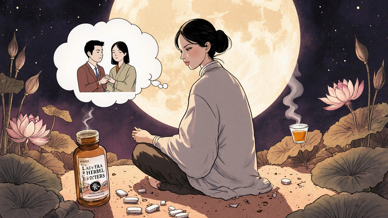 Woman in garden surrounded by nature and therapy symbols, rejecting unregulated pills