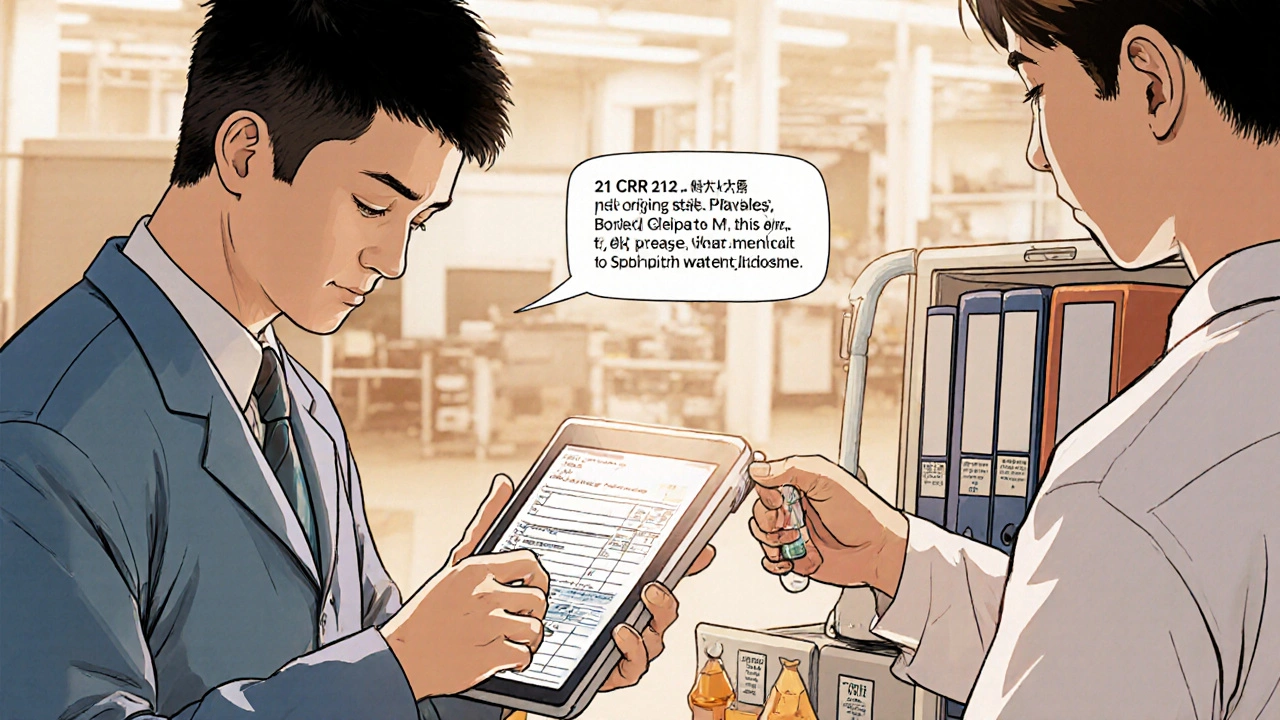 Worker correcting a deviation log with regulatory text floating nearby in a clean lab.