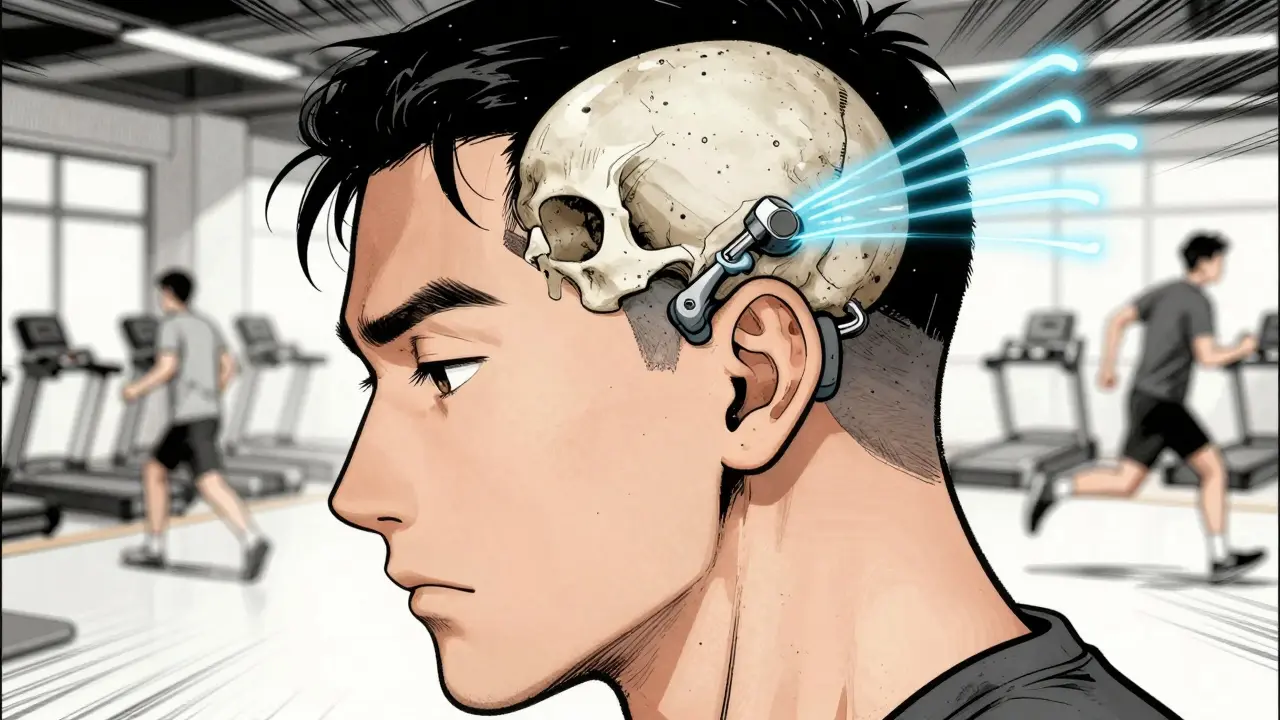 A bone-anchored device transmits sound through skull vibrations to the inner ear, with visualized sound waves traveling through bone.