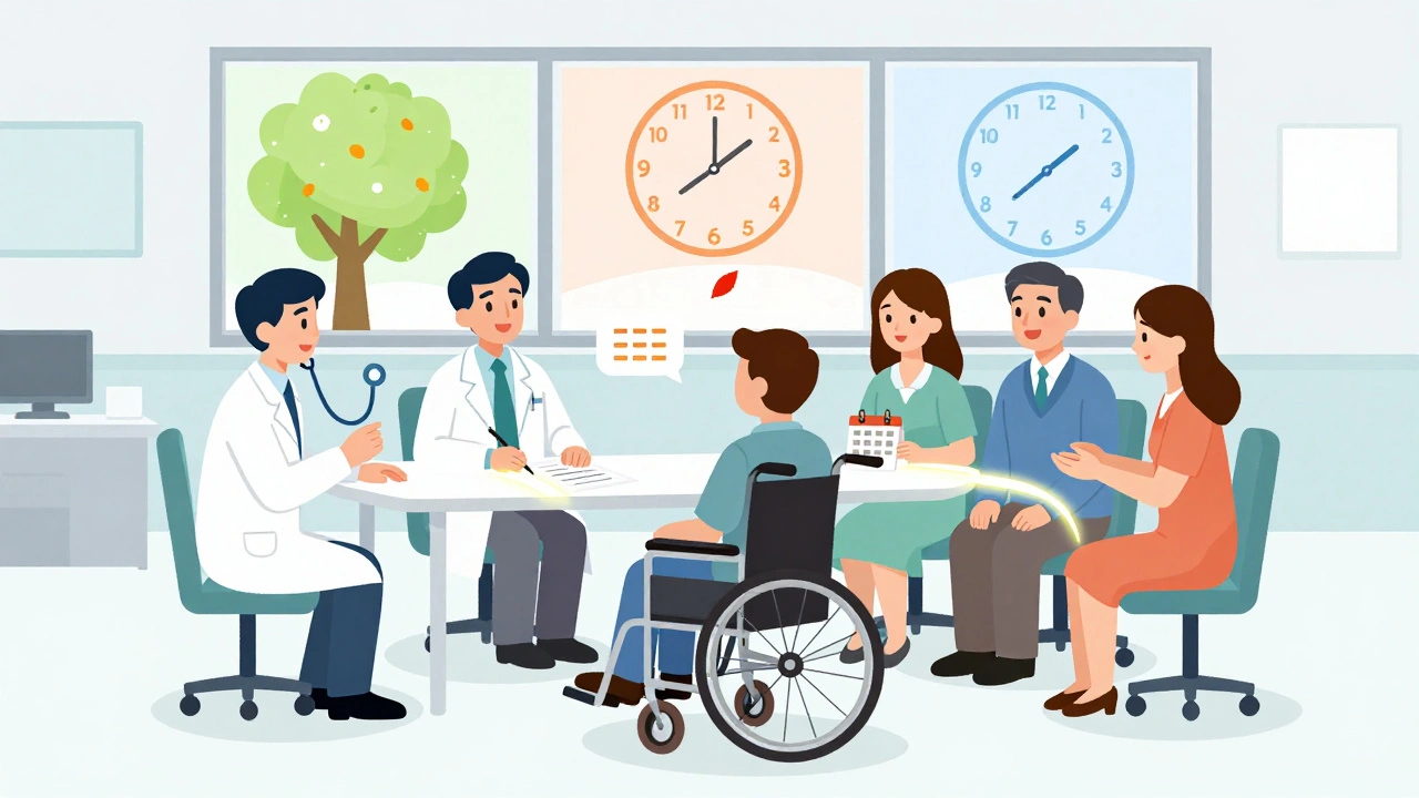 A care team gathers around a patient in a clinic, connected by a glowing path of support.