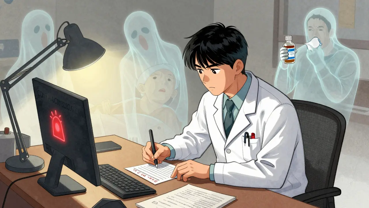 A doctor ignoring a red alarm while prescribing dangerous drugs, with ghostly patients collapsing in the background.