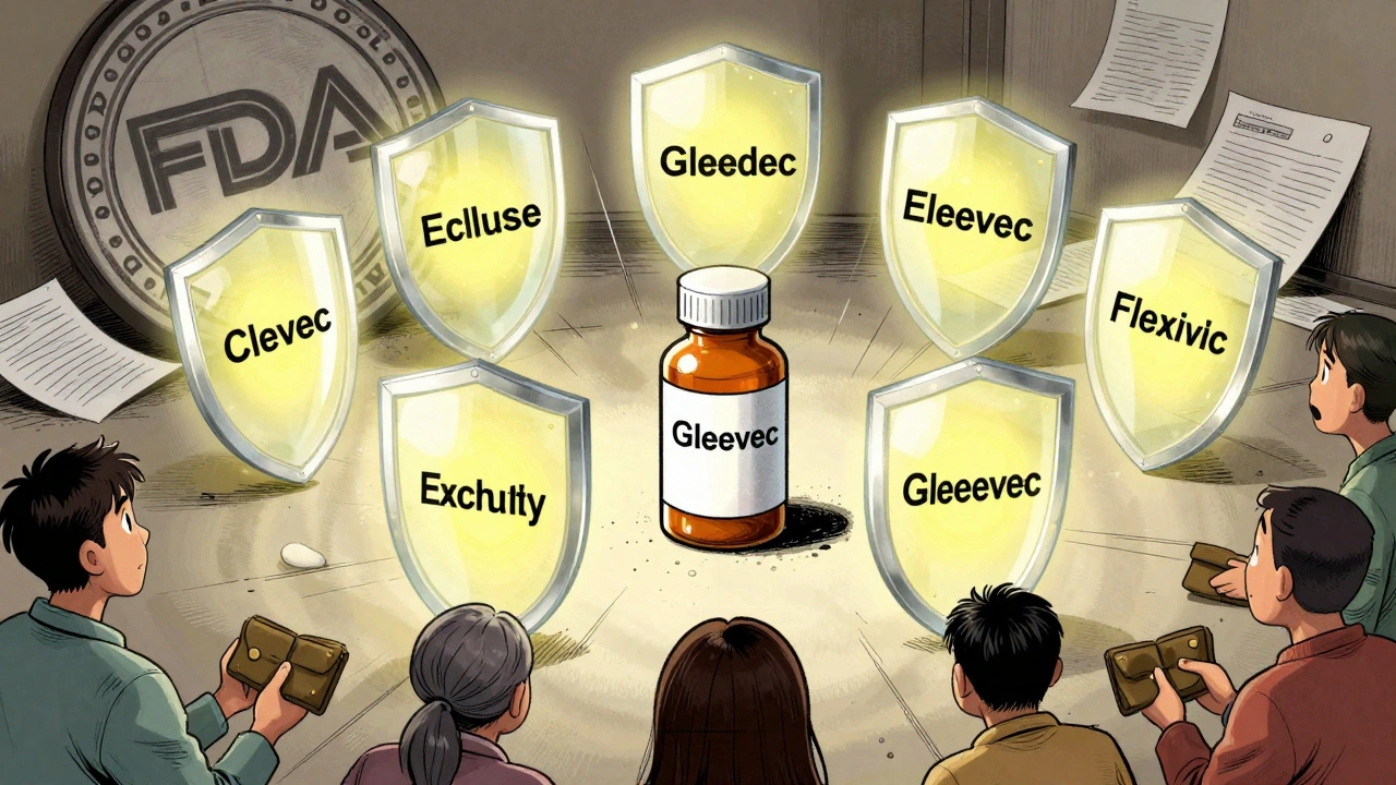 A drug bottle surrounded by seven overlapping exclusivity shields while patients look on helplessly.