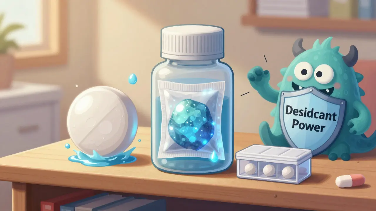 A glossy pill repels water, a glowing desiccant packet sits beside a sealed bottle on a bedroom shelf.