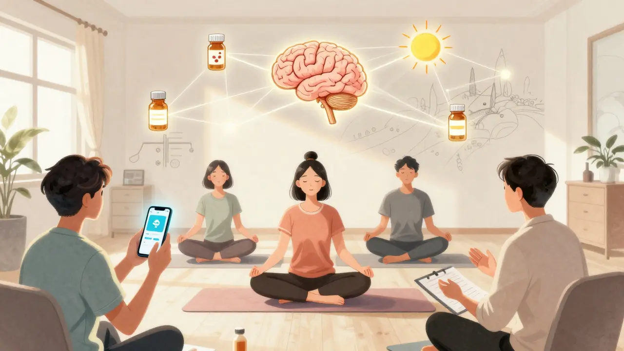 A group in therapy with smartphones, yoga mats, and brain synapses linked by light, symbolizing integrated depression treatment.