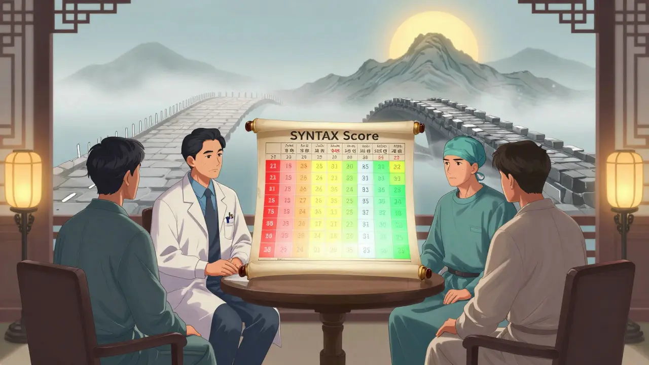 A heart team discusses SYNTAX score with patient, two paths symbolizing PCI and CABG in manhua style.