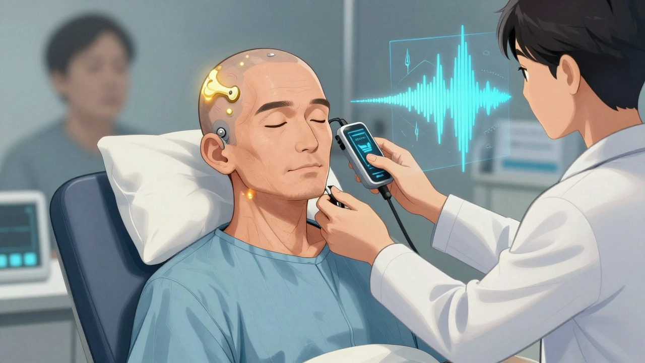 A man with an implanted bone bridge device in a clinic, audiologist adjusting a processor, sound waves restoring hearing clarity.