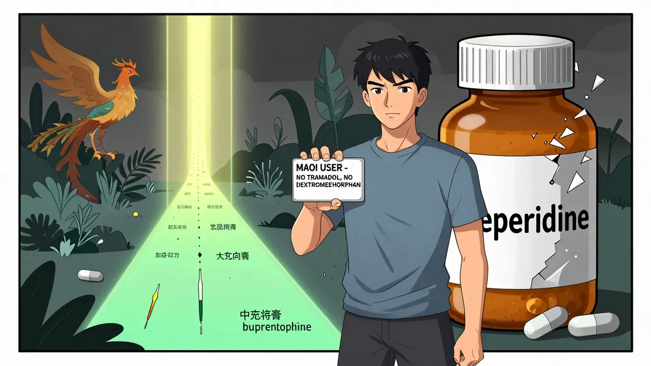 A patient holding a safety card, standing before a shattered dangerous pill bottle, guided by a glowing path to safe alternatives.