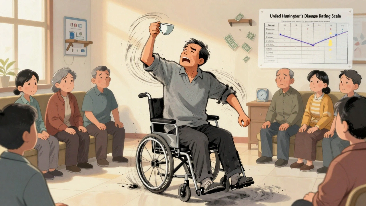 A person experiences involuntary movements while trying to hold a cup, family watching silently.