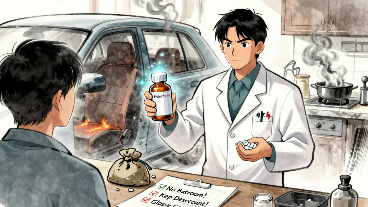 A pharmacist gives a patient a protected pill bottle while damaged meds vanish in smoke.