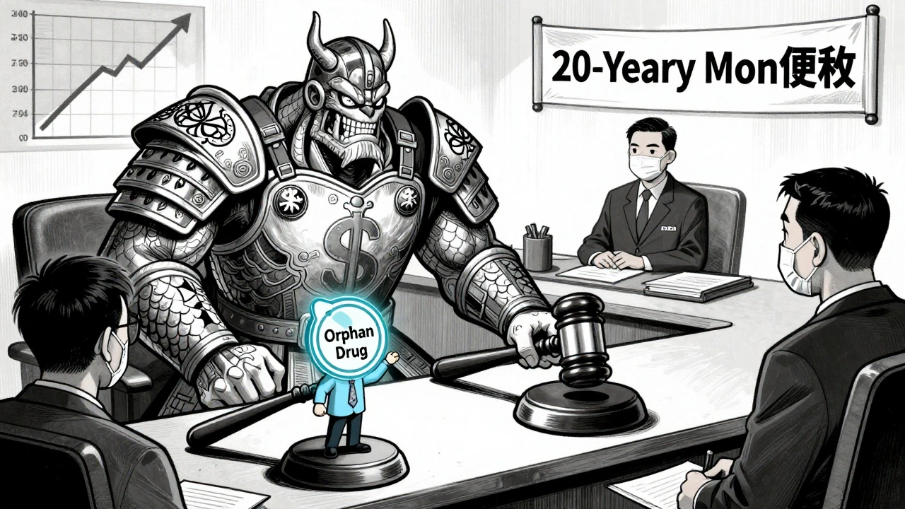 A small biotech startup being crushed by a corporate monster made of patents in a courtroom.