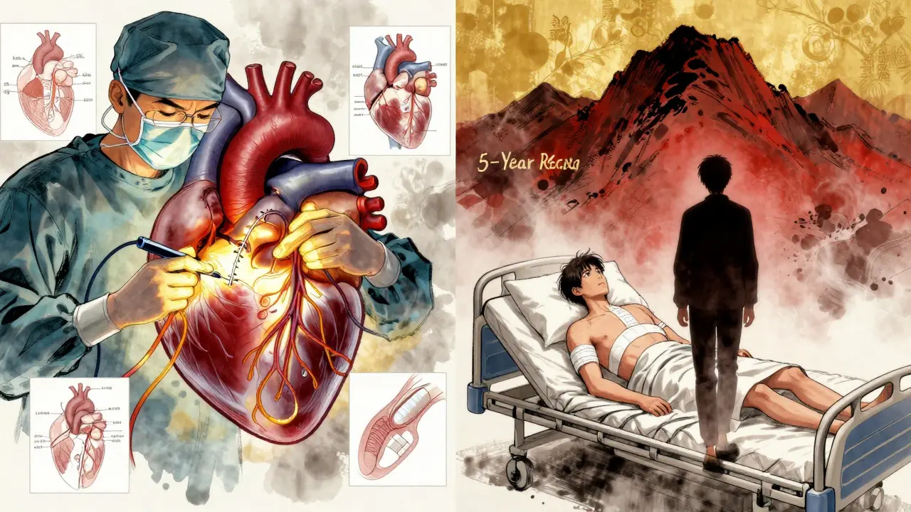 A surgeon performs CABG on a heart while a shadow shows future recurrence, in Chinese manhua art style.
