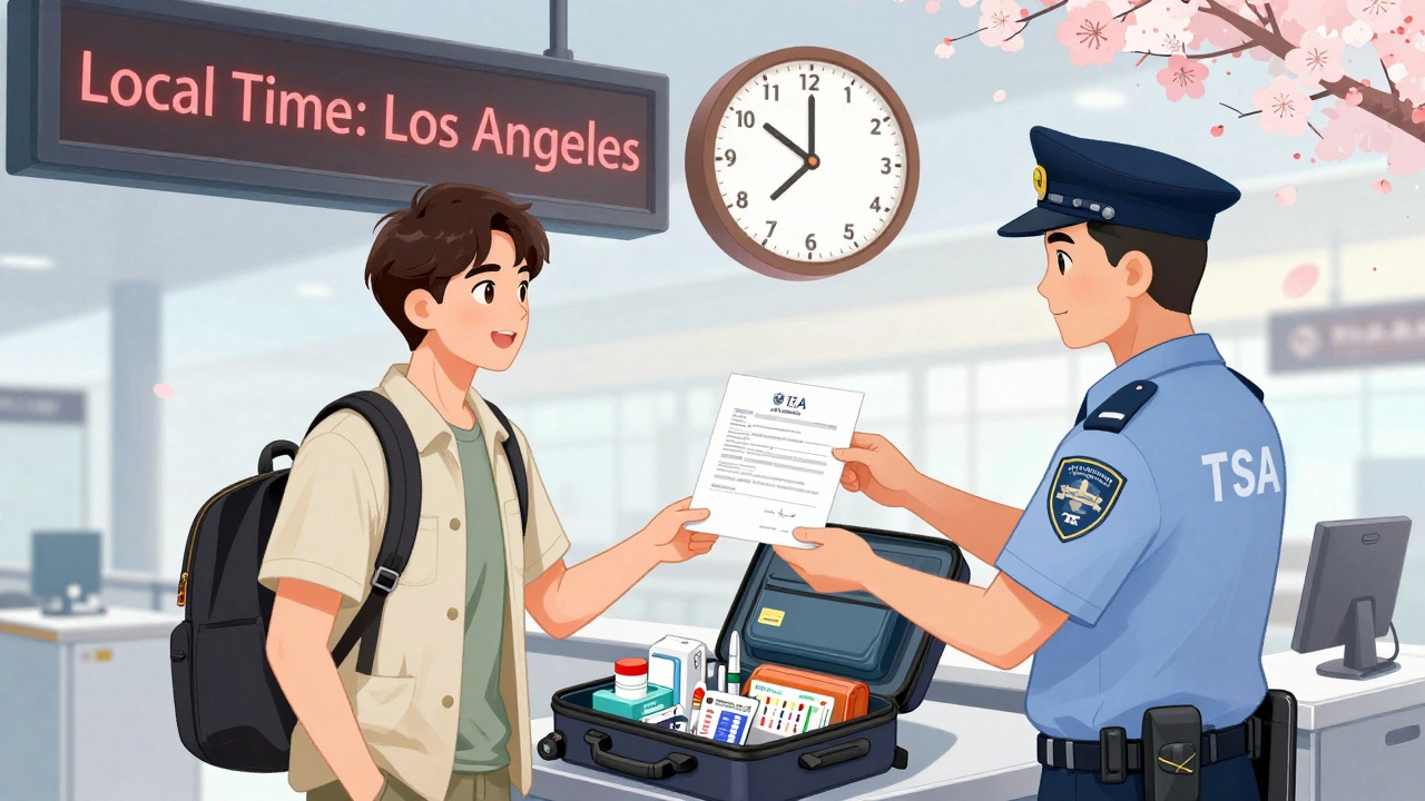 A traveler presents a doctor’s letter at airport security, insulin supplies visible in carry-on, digital clock adjusting to local time.