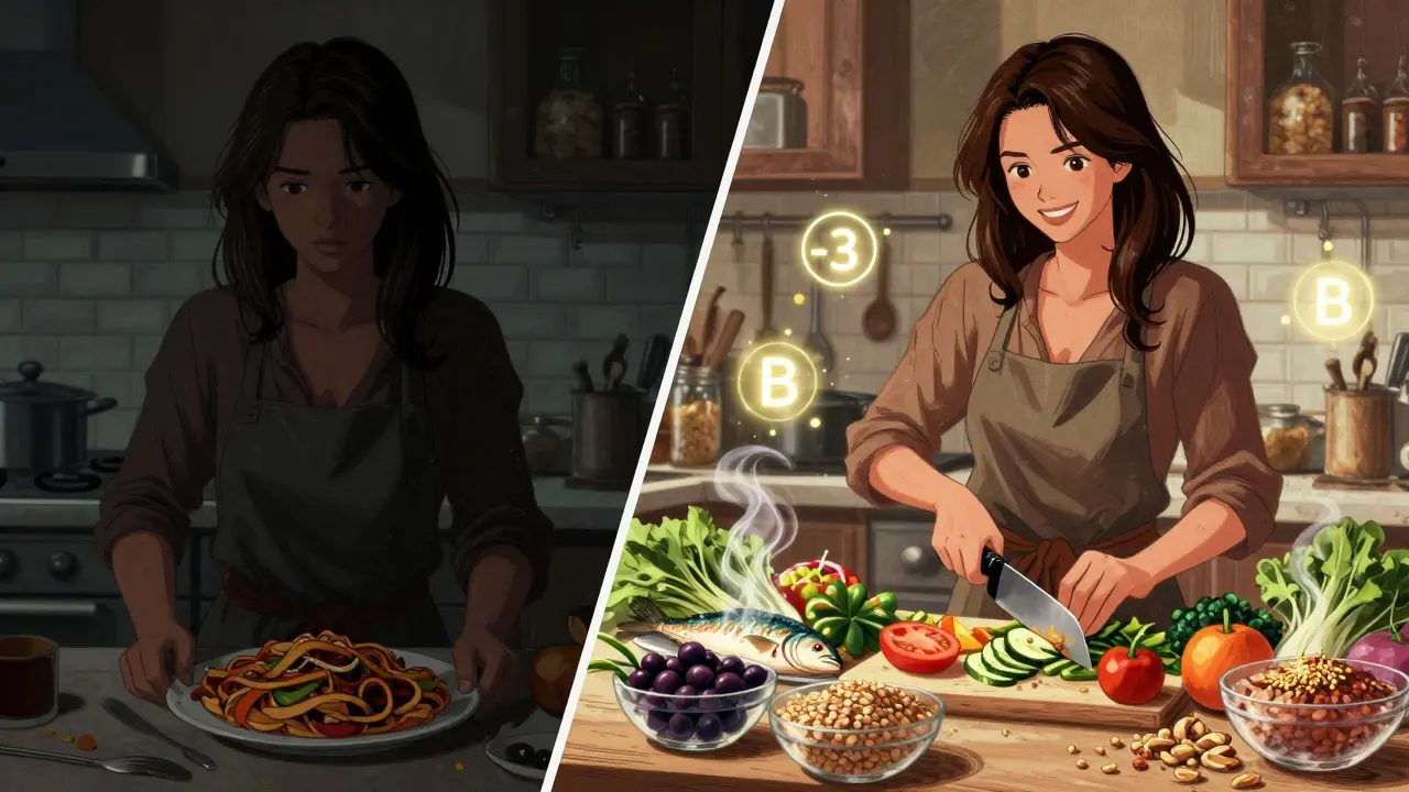 A woman prepares a healthy Mediterranean meal, with glowing nutrients floating beside fresh vegetables, fish, and grains.