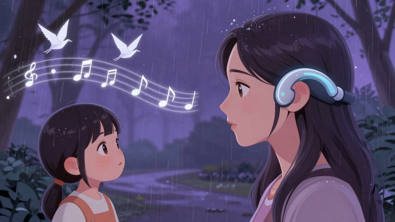 A woman with a fully implantable bone-conduction device, sound waves turning raindrops into musical notes, AI cranes adjusting audio in real time.