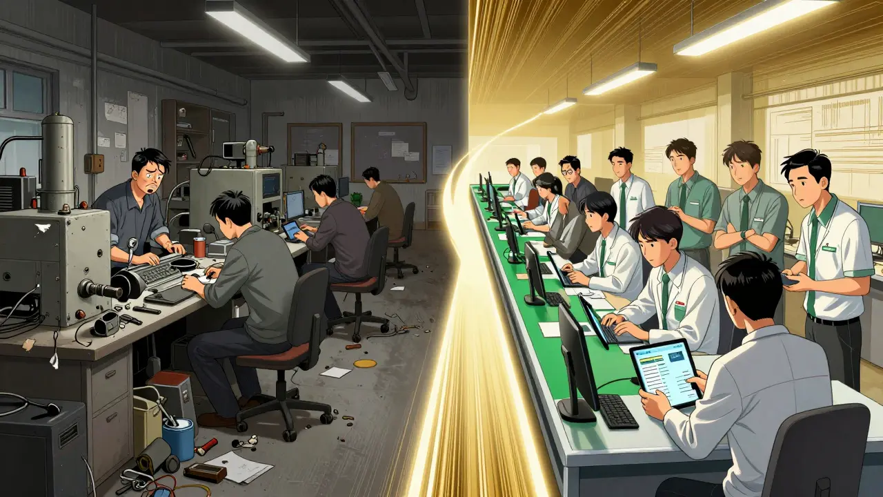 Contrasting old and new factory setups: chaotic workshop vs. organized, tech-enabled production line with teamwork.