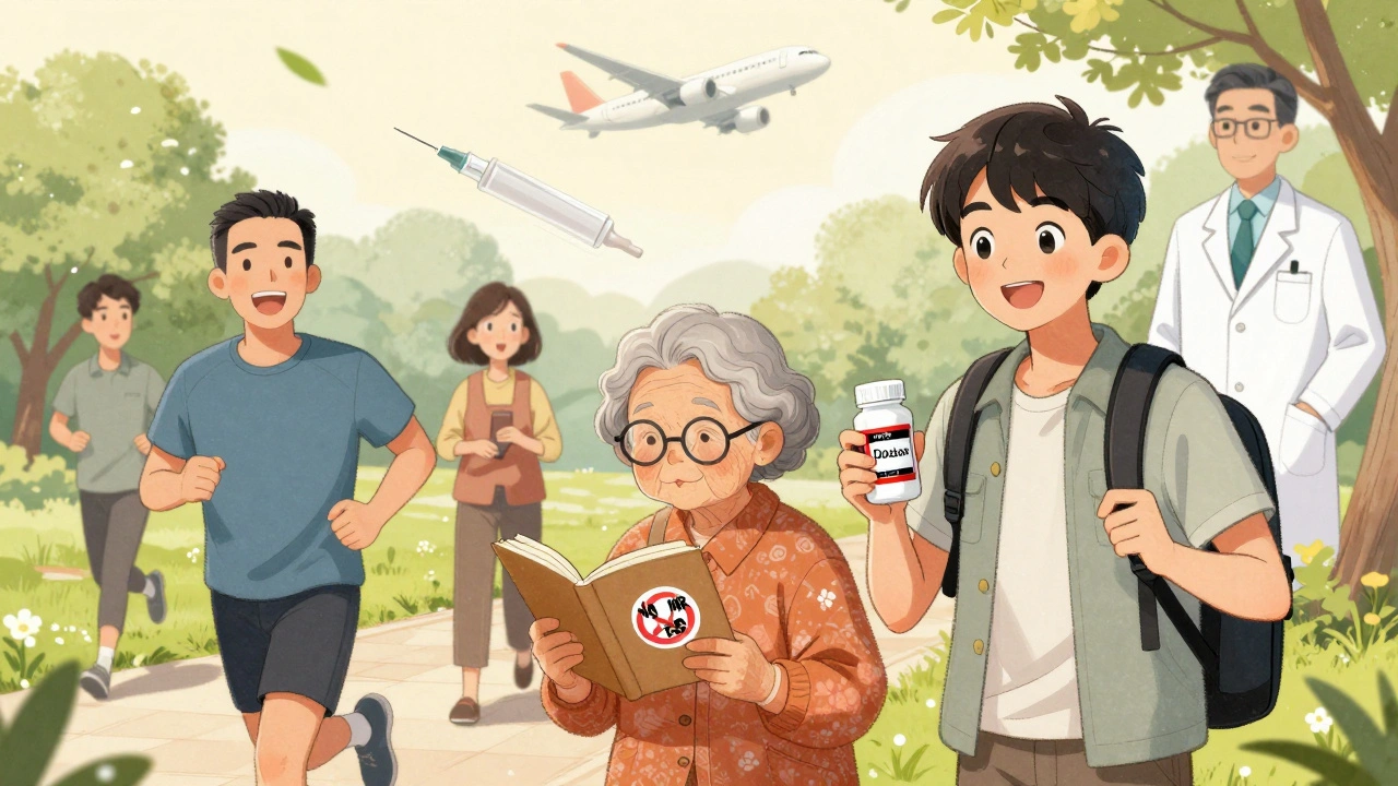 Diverse patients enjoying life free from blood test burdens, using apixaban in a peaceful park setting.