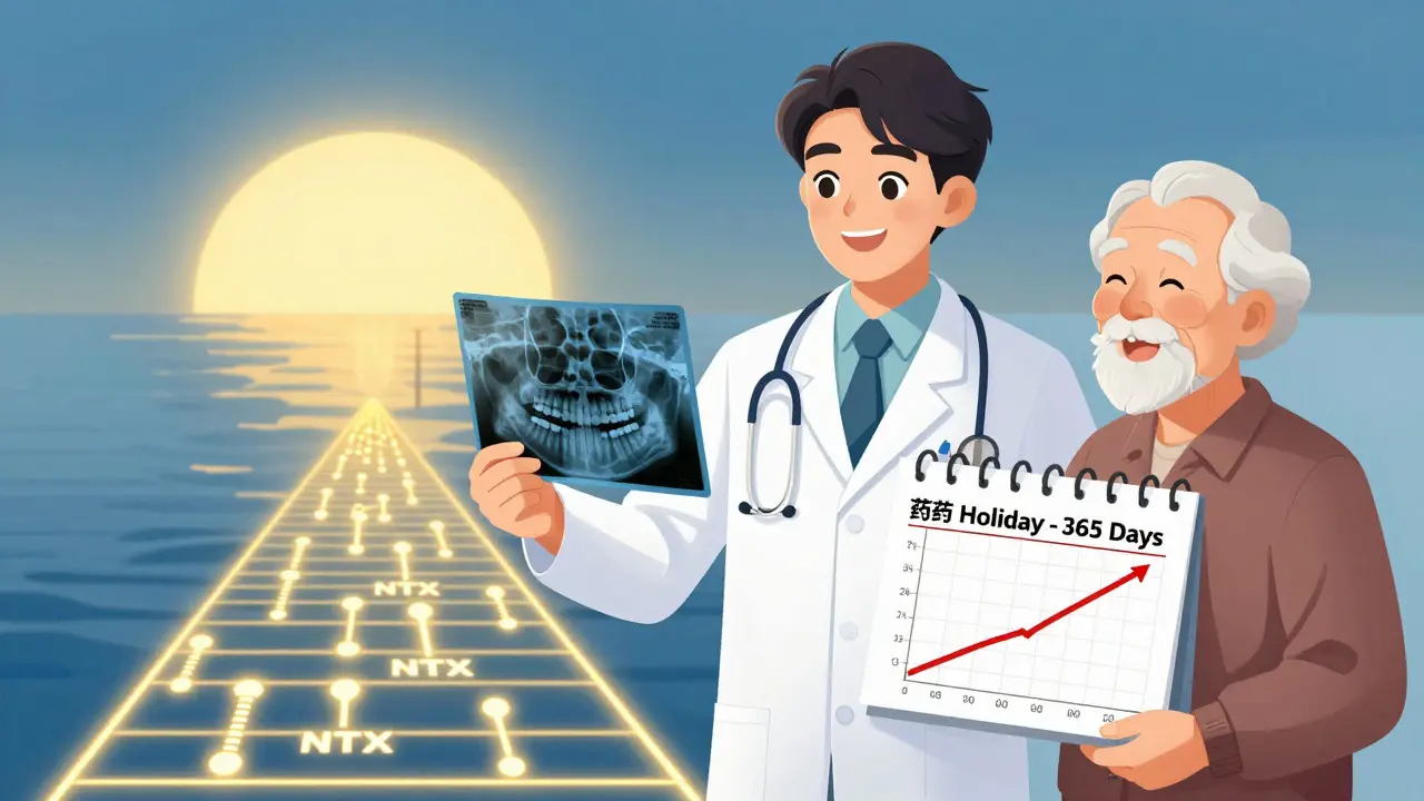 Doctor and dentist beside patient with X-ray and drug holiday calendar, bone turnover markers glowing toward sunrise.