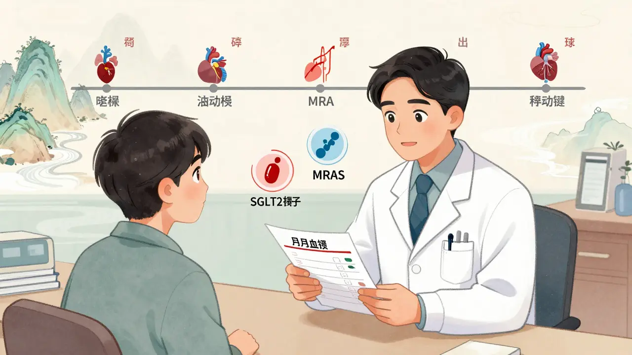 Doctor and patient reviewing blood test with rising potassium levels, medical icons floating nearby