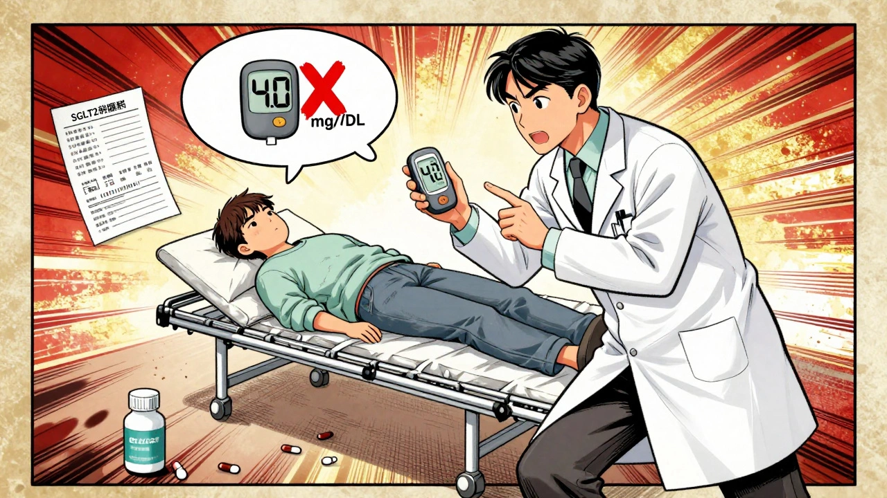 Doctor pointing to blood ketone meter while glucose reading is crossed out, medical supplies scattered.