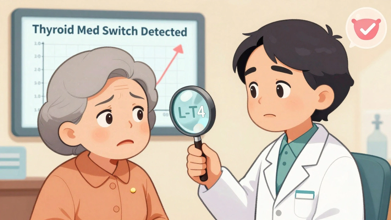 Elderly woman examines new thyroid pill with pharmacist using magnifying glass, digital screen shows bioequivalence alert.