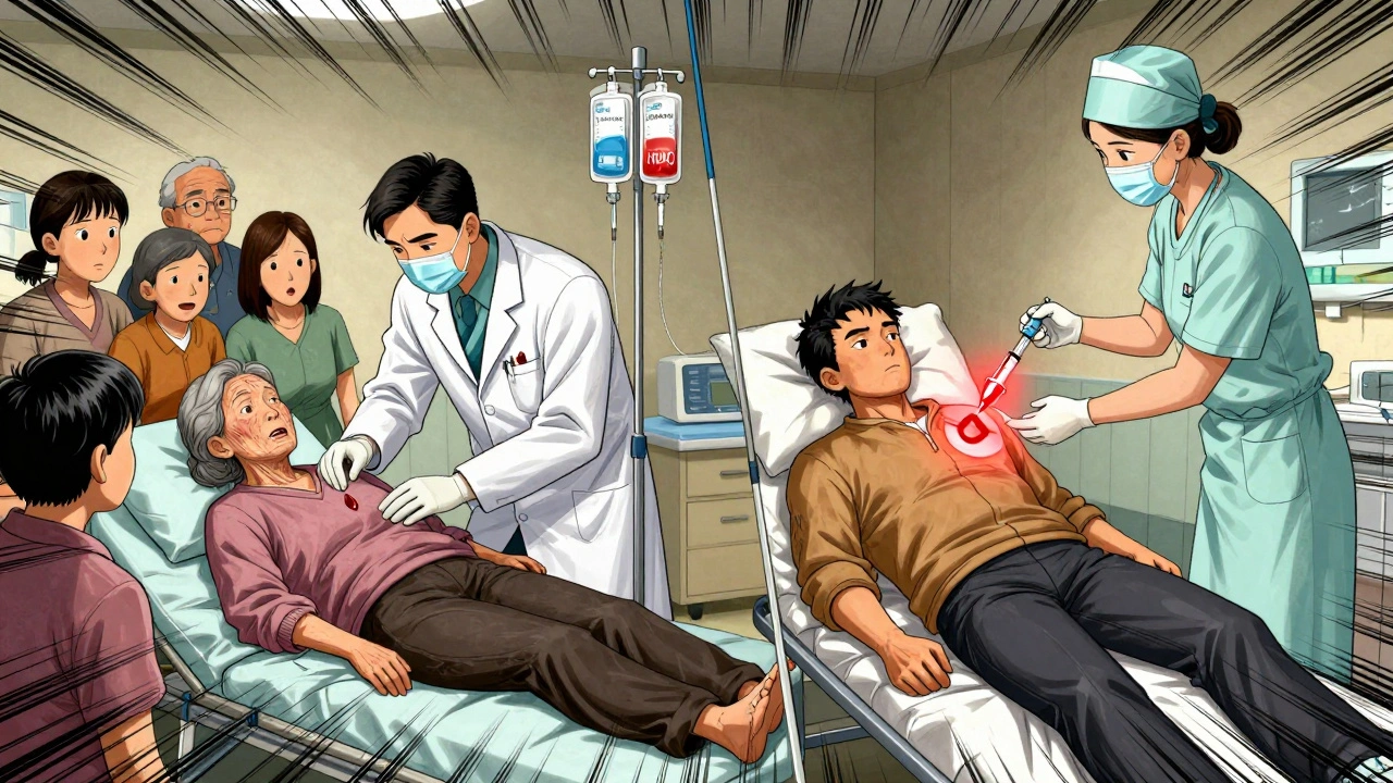 Emergency treatment scene contrasting slow warfarin reversal with instant DOAC antidote in manhua style.