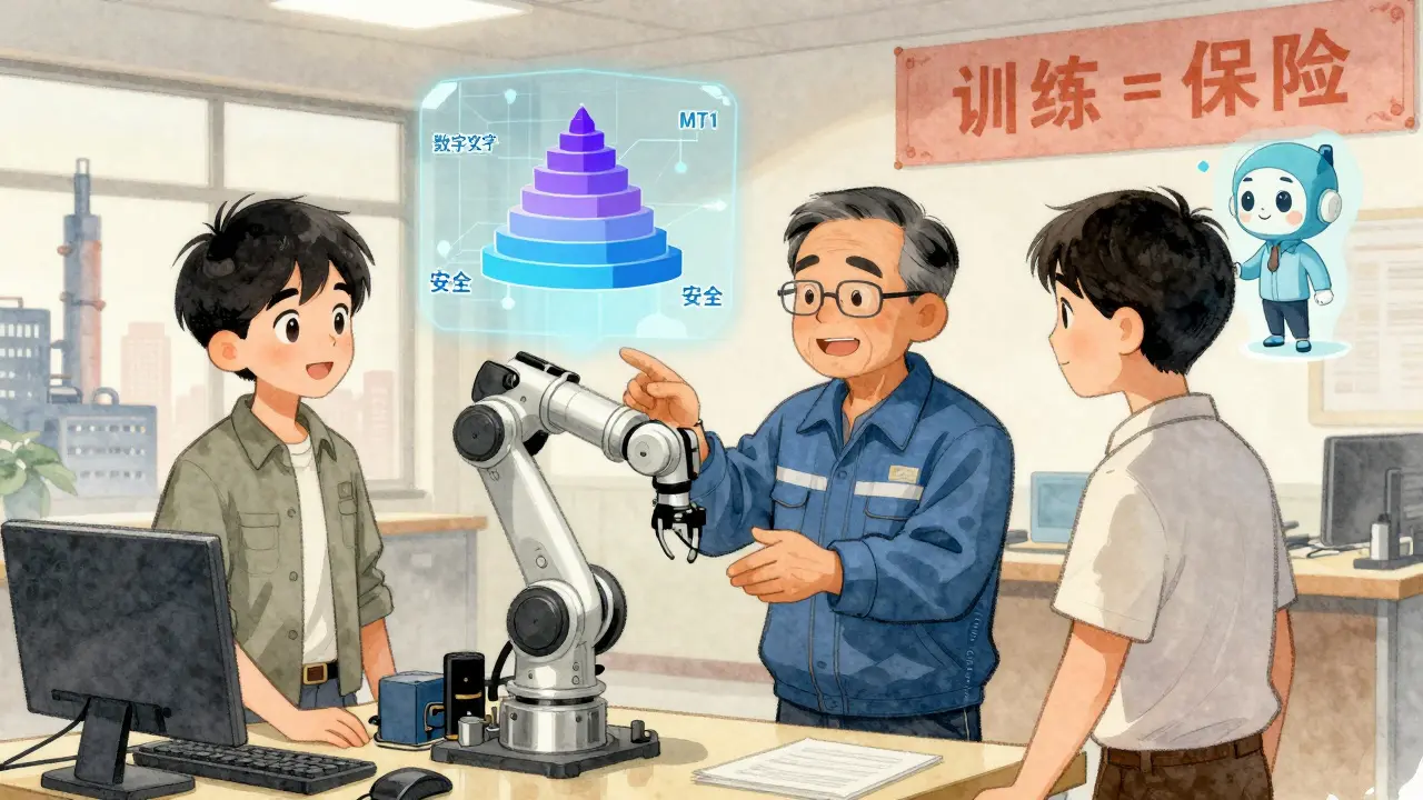 Experienced worker mentoring younger colleague using digital skill matrix and AI learning assistant in manufacturing setting.