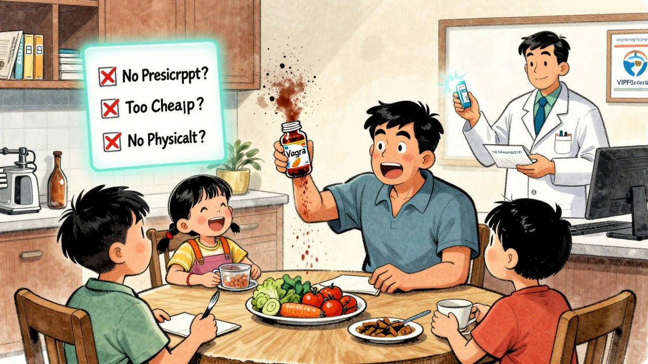 Family at table with dissolving fake Viagra pill, safety checklist glowing beside them, real pharmacy logo shining in corner.