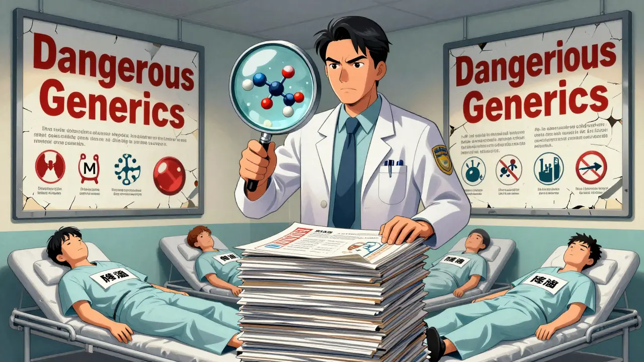 FDA inspector exposes false drug ads while patients suffer from misinformation, with crumbling billboards in the background.