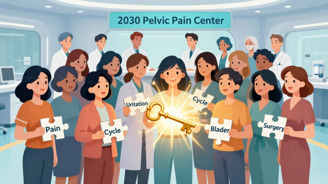 Group of women holding puzzle pieces of pelvic pain, unlocked by a laparoscope key, with future multidisciplinary clinic in background.